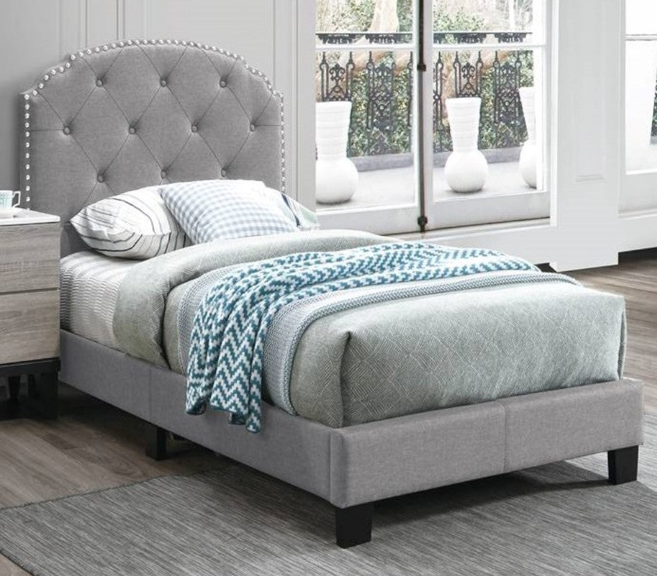 Enni Light Grey Burlap Twin Bed w/ Button Tufted Headboard