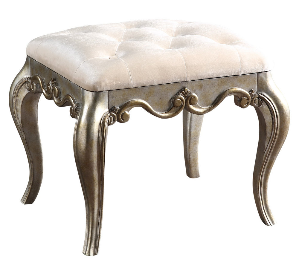 Esteban Ivory Velvet/Antique Champagne Wood Vanity Stool