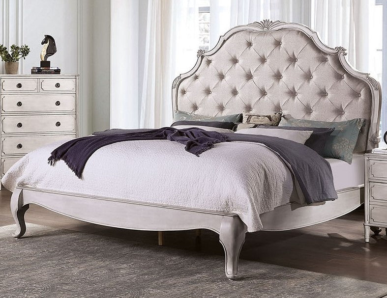 Esther Antique White Wood/Silver Cal King Bed