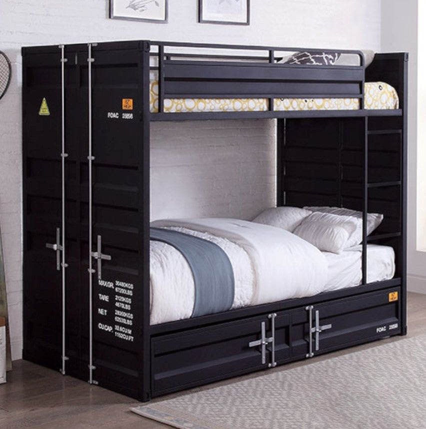 Estonne Black Metal Twin Bunk Bed with Trundle