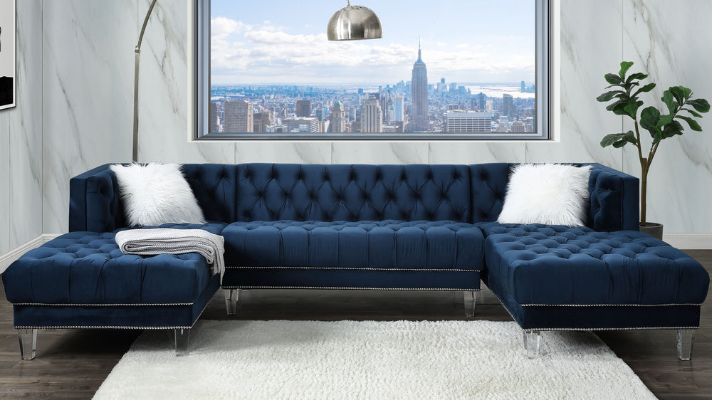 Ezamia 3-Pc Navy Blue Velvet Tufted Sectional Sofa