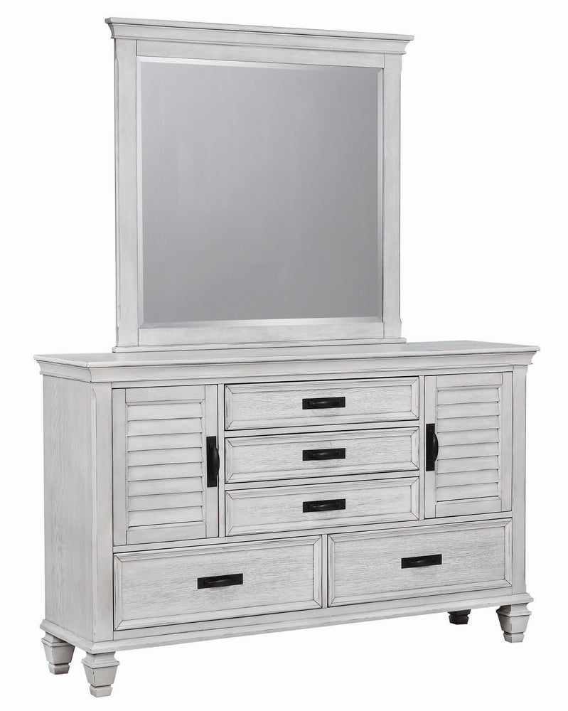 Franco Antique White Wood 5-Drawer Dresser with Mirror