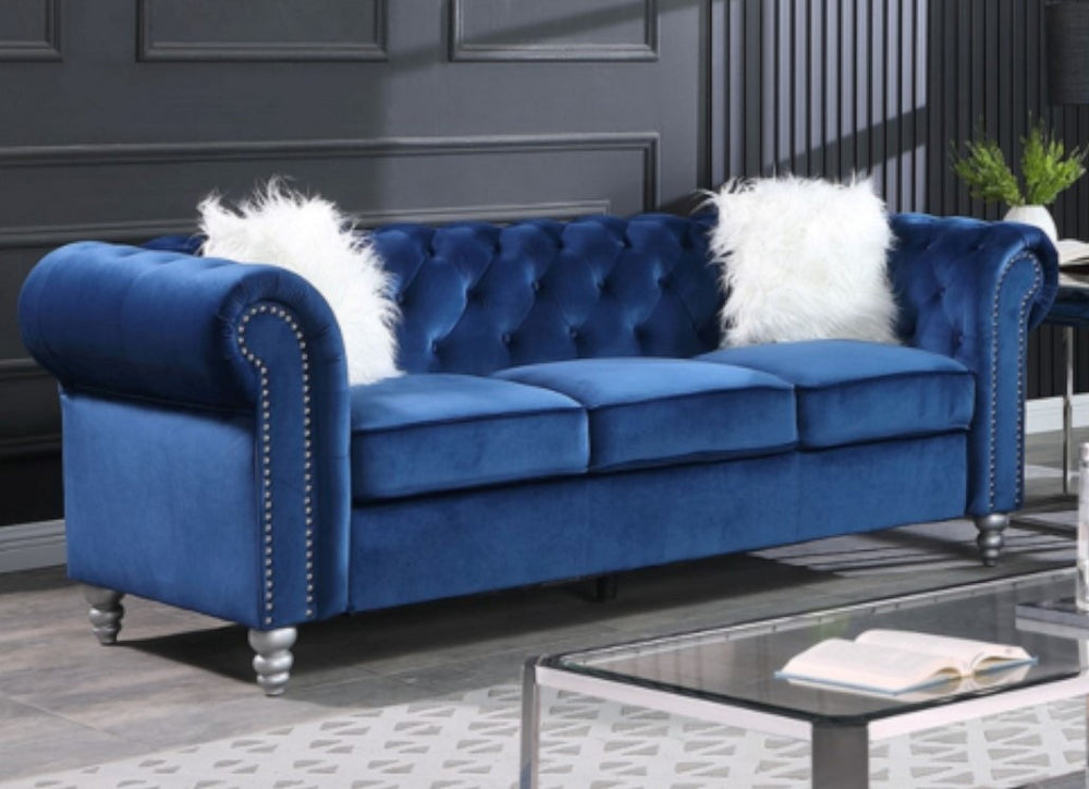 Freya Blue Velvet Tufted Sofa (Oversized)
