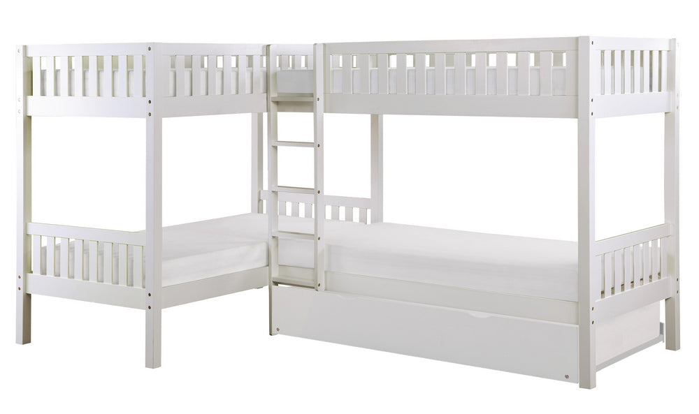 Galen White Wood Corner Twin Bunk Bed with Trundle