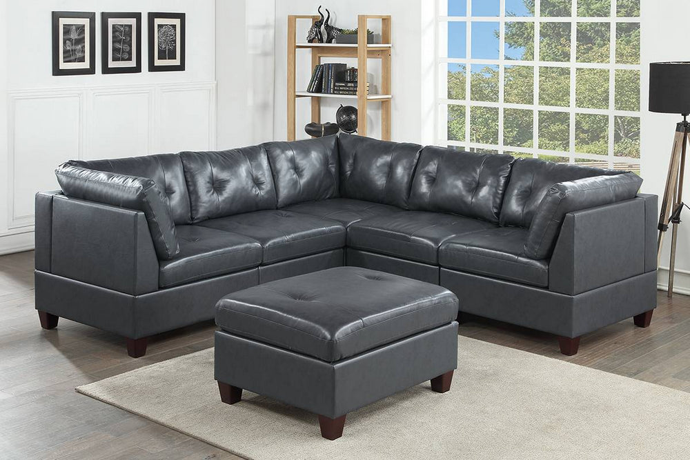 Gargi Black Leather Modular Sectional with Ottoman