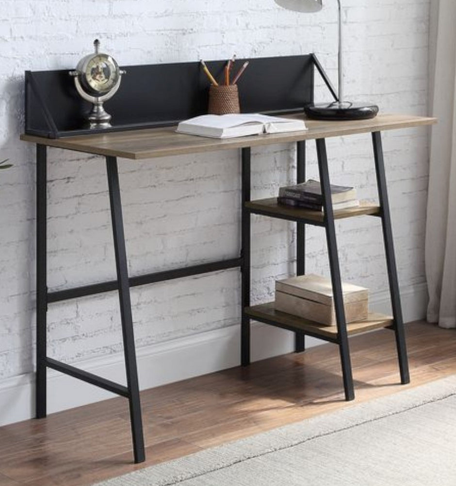 Garima Rustic Oak Wood/Black Metal Writing Desk with Shelves