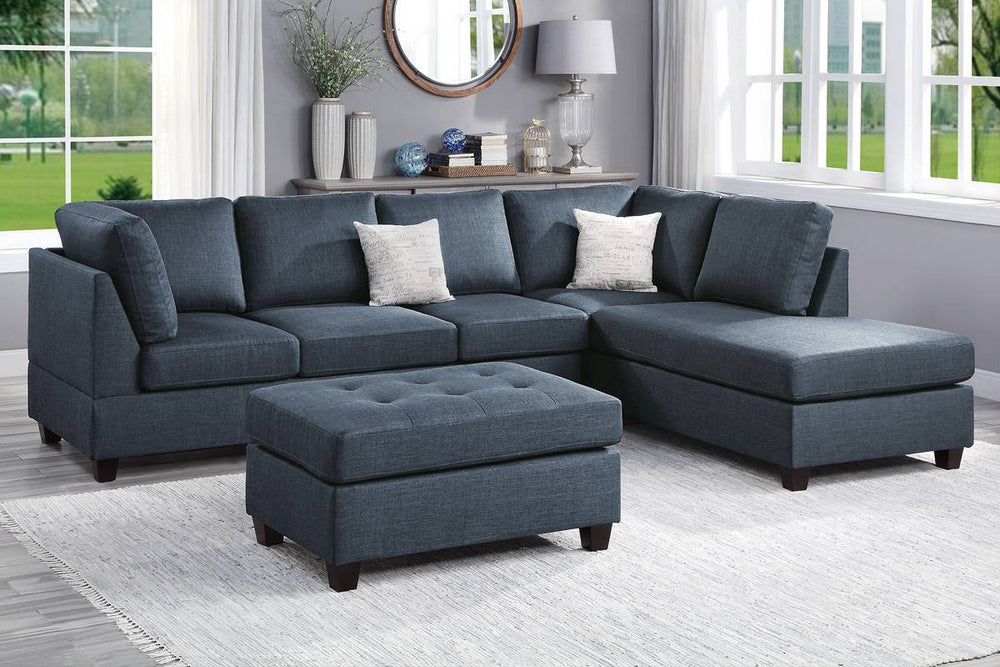 Giorgina Dark Blue Fabric Reversible Sectional with Ottoman