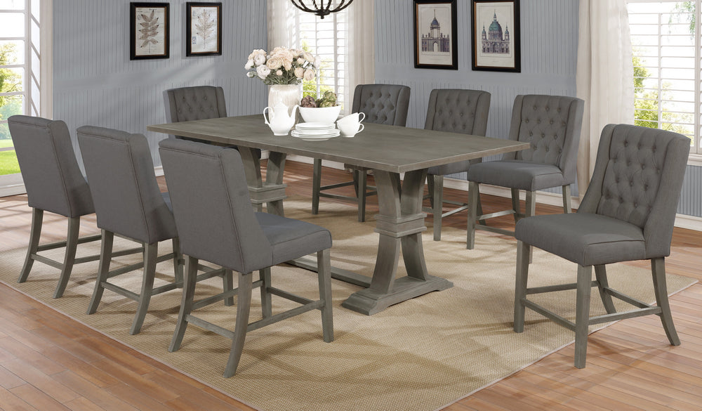 Gisselle 9-Pc Rustic Gray Wood/Gray Linen Counter Height Table Set