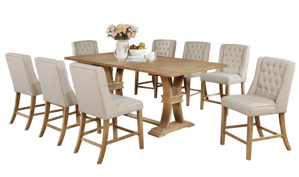 Gisselle 9-Pc Rustic Oak Wood/Beige Linen Counter Height Table Set