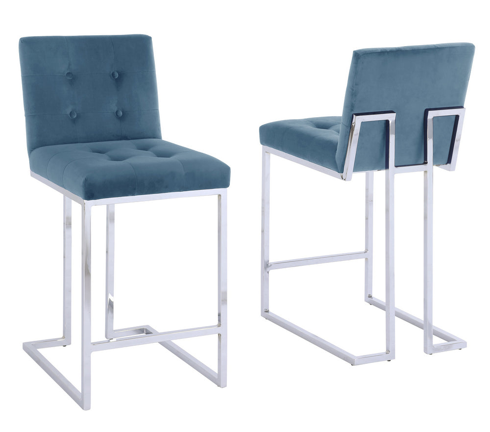 Gloria 2 Blue Velvet/Silver Metal Counter Height Chairs
