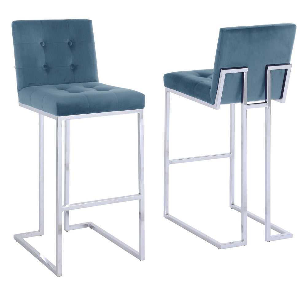 Gloria 2 Teal Blue Velvet/Silver Metal Bar Stools