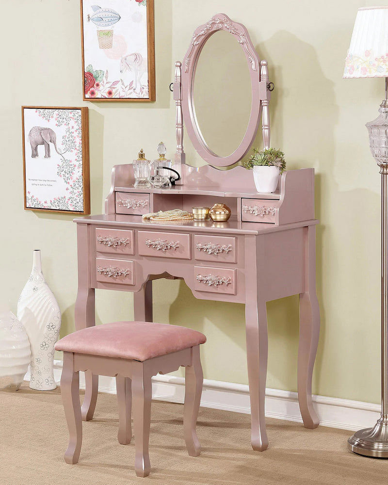 Harriet Rose Gold Wood Vanity with Mirror & Stool