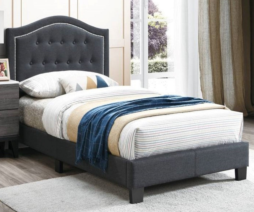 Hedy Charcoal Burlap Queen Bed with Button Tufted Headboard