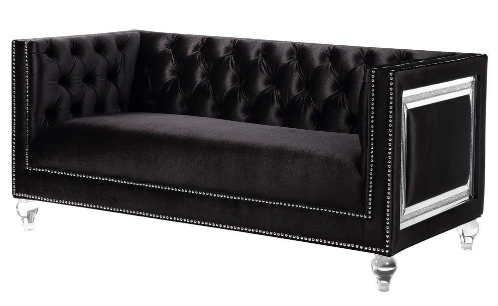 Heibero Black Velvet Tufted Loveseat with Mirrored Trim Accent