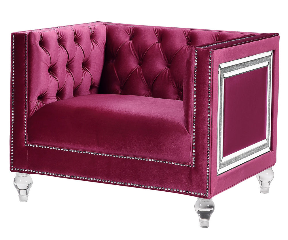 Heibero Burgundy Velvet Tufted Chair with Mirrored Trim Accent