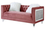 HeiberoII Pink Velvet Loveseat with Mirror & Faux Diamond Trim