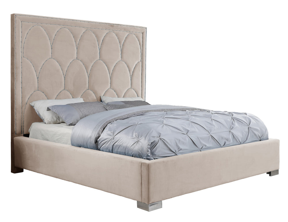 Helena Beige Velvet Fabric Cal King Bed