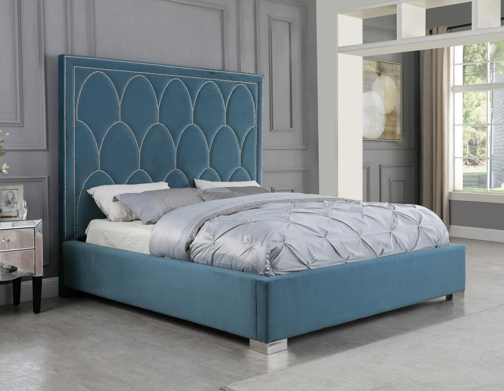 Helena Teal Blue Velvet Fabric Cal King Bed