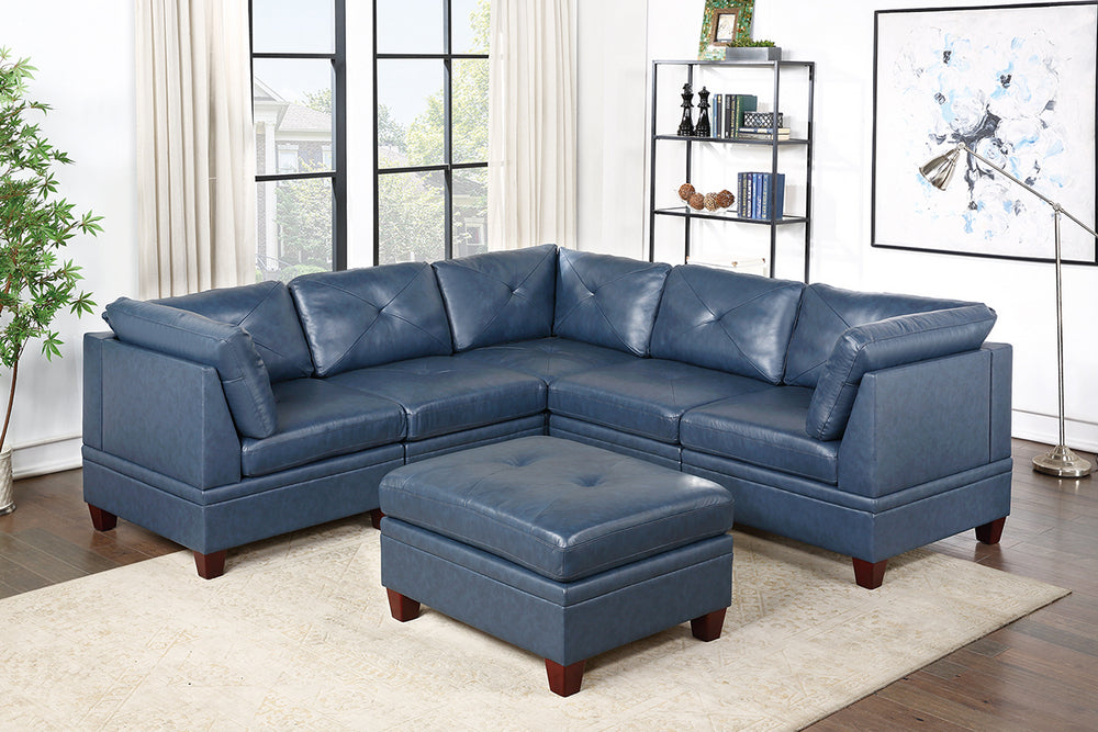 Iditri Ink Blue Leather Modular Sectional with Ottoman