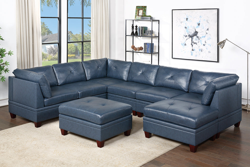 Iditri Ink Blue Leather Modular Sectional with Ottomans