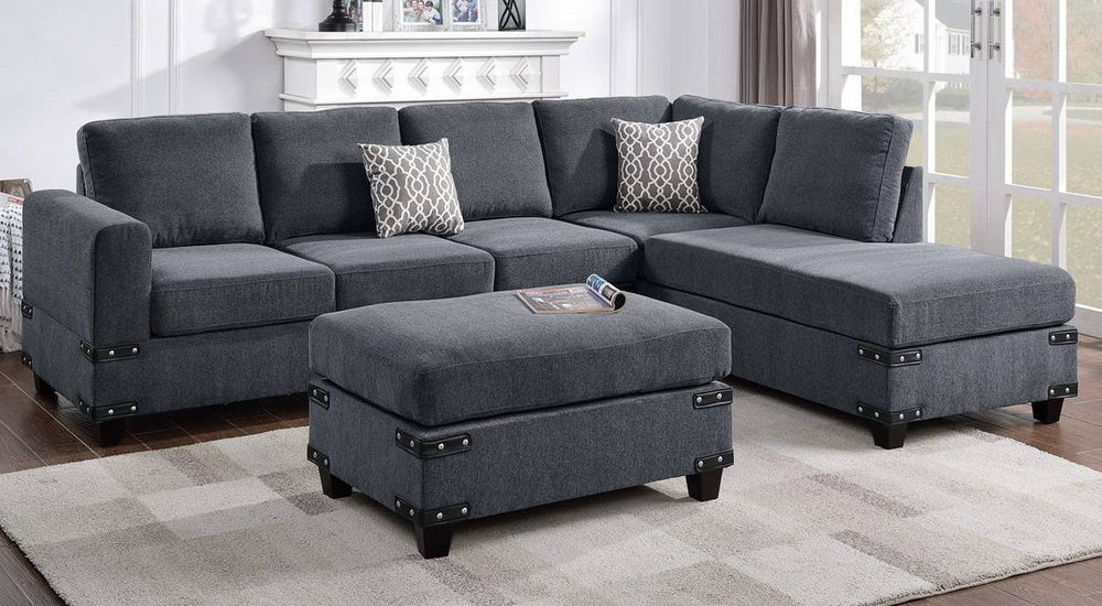 Jonelle Charcoal Chenille Reversible Sectional with Ottoman