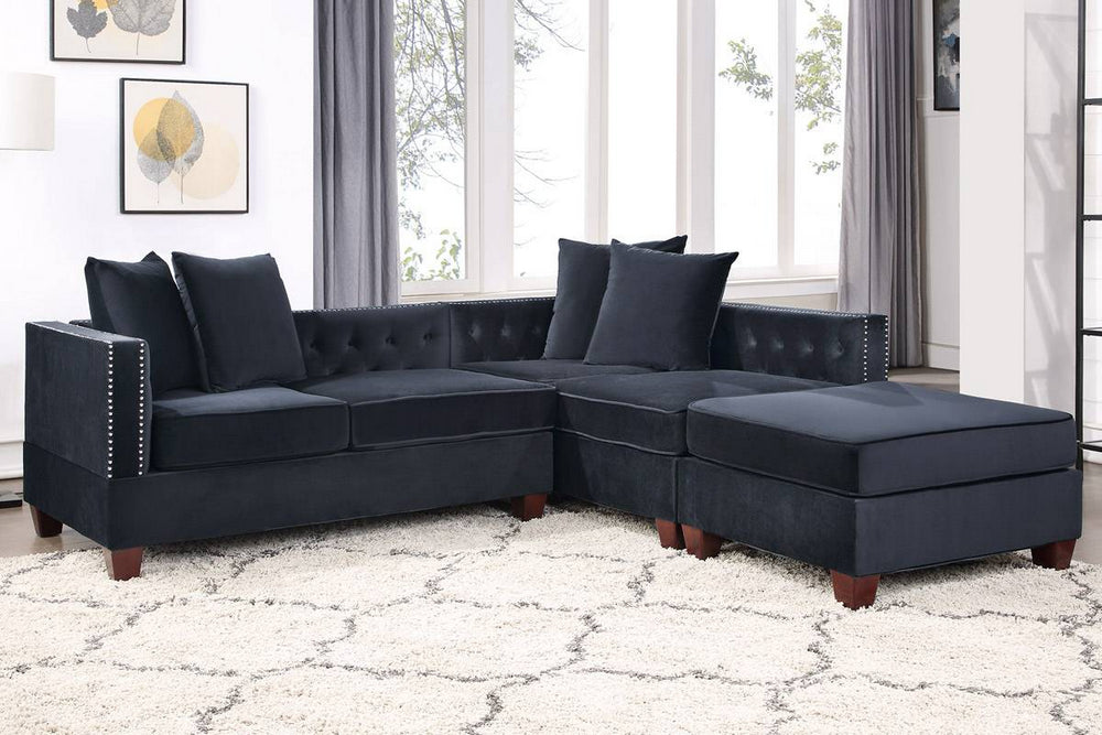 Jovie Black Velvet Modular Sectional Sofa with Ottoman