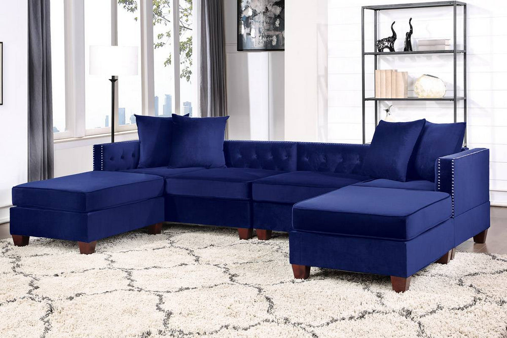 Jovie Indigo Velvet Modular Sectional Sofa with Ottomans
