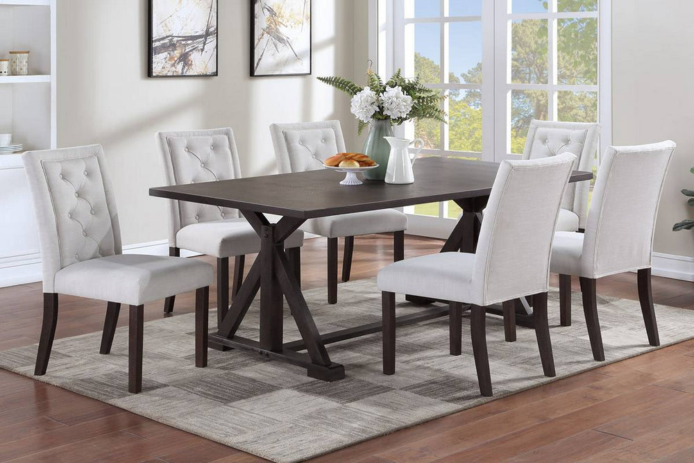 Kade 7-Pc Brown Wood/White Fabric Dining Table Set