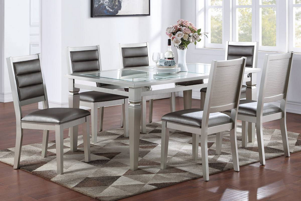 Kallie 7-Pc Silver Wood/Grey Faux Leather Dining Table Set