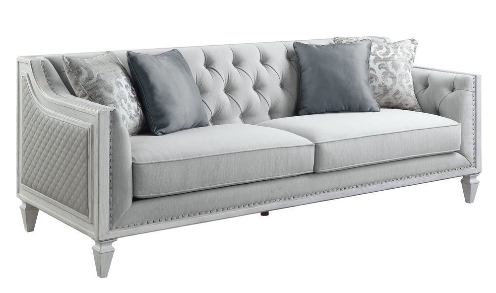 Katia Light Gray Fabric & Faux Leather/Weathered White Wood 2-Seat Sofa