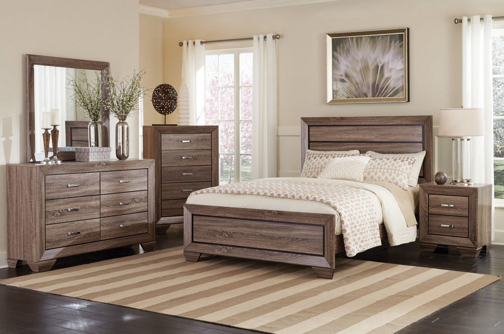 Kauffman 5-Pc Washed Taupe Wood Cal King Panel Bedroom Set