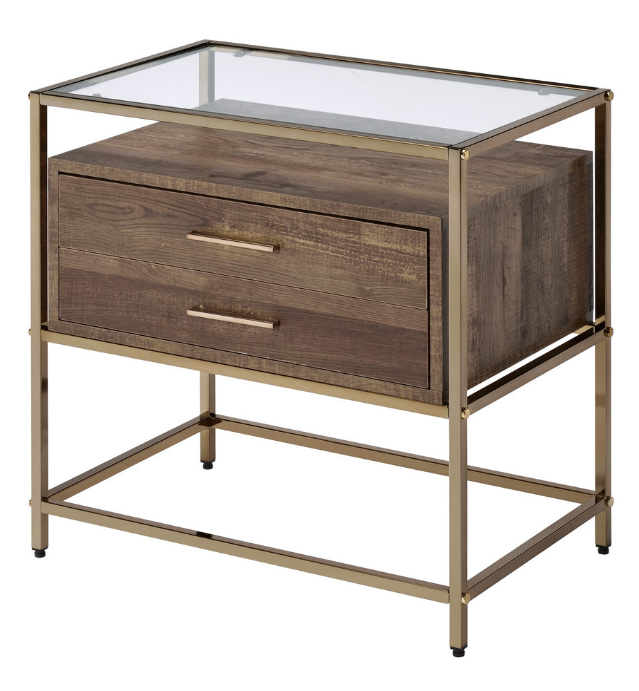 Knave Walnut Wood/Champagne Metal 2-Drawer Accent Table