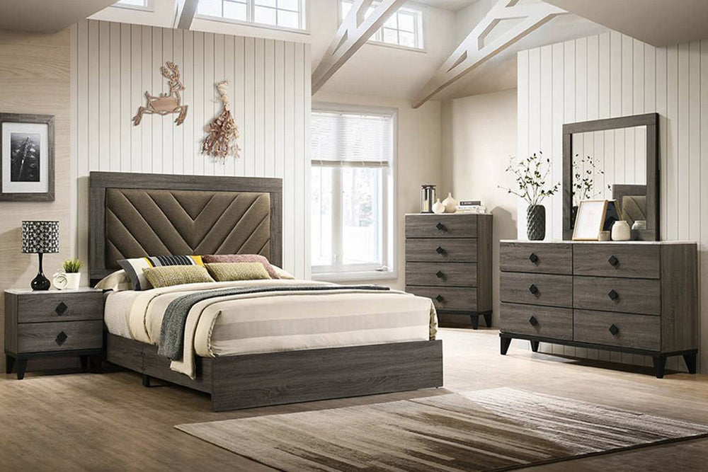 Kristine Grey Fabric/Brownish Grey Wood Cal King Panel Bed