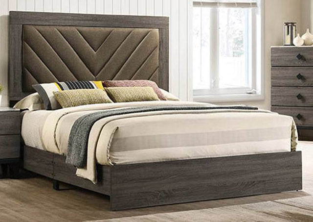 Kristine Grey Fabric/Brownish Grey Wood King Panel Bed