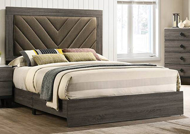 Kristine Grey Fabric/Brownish Grey Wood Queen Panel Bed
