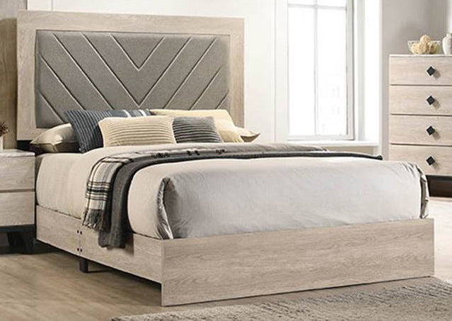 Kristine Light Grey Fabric/Cream Wood King Panel Bed