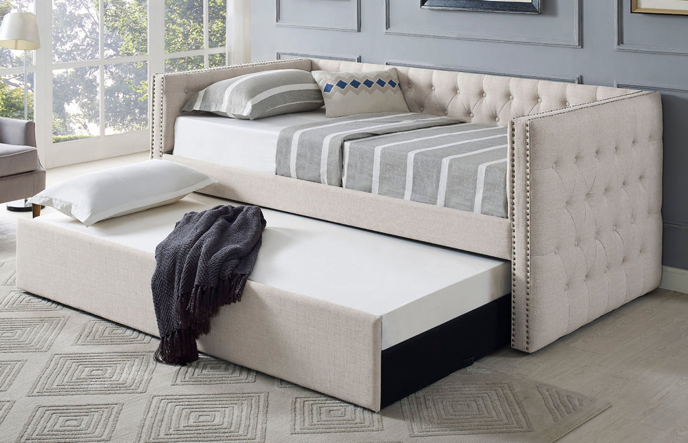 Laura Beige Linen Twin Daybed with Trundle