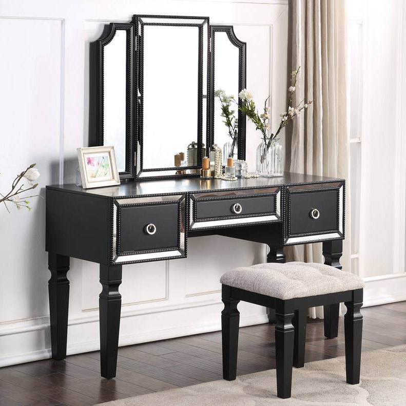 Leelie Black Wood Vanity Set with Tri-Fold Mirror