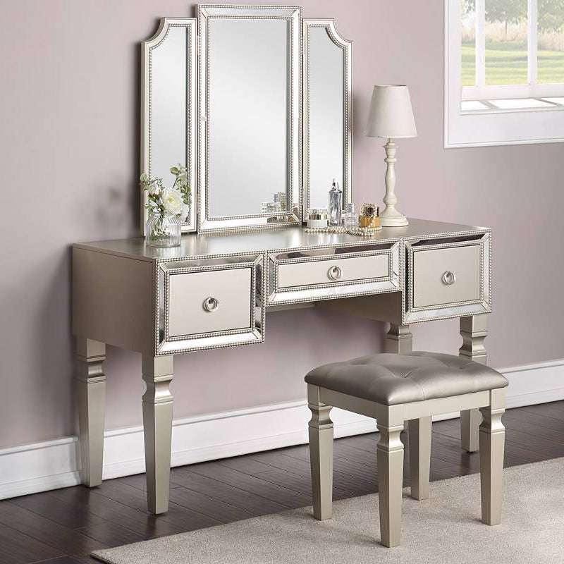 Leelie Silver Wood Vanity Set with Tri-Fold Mirror