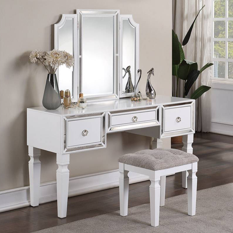 Leelie White Wood Vanity Set with Tri-Fold Mirror