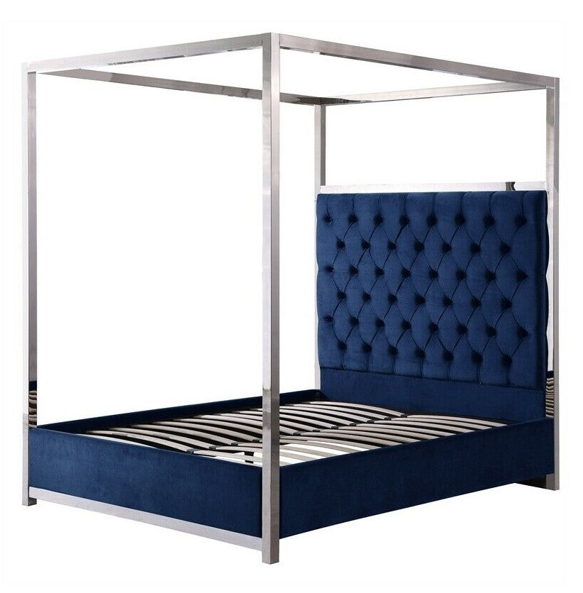Lianson Blue Velvet Cal King Canopy Bed