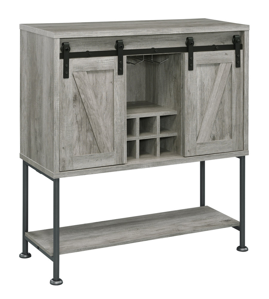 Mabel Grey Driftwood Bar Cabinet with 2 Sliding Barn Doors