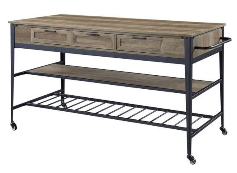 Macaria Rustic Oak Wood/Black Metal 3-Drawer Kitchen Cart