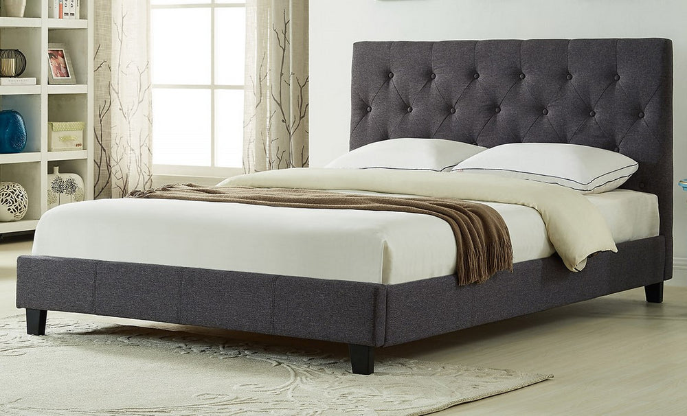 Maura Dark Grey Linen Queen Bed with Tufted Headboard