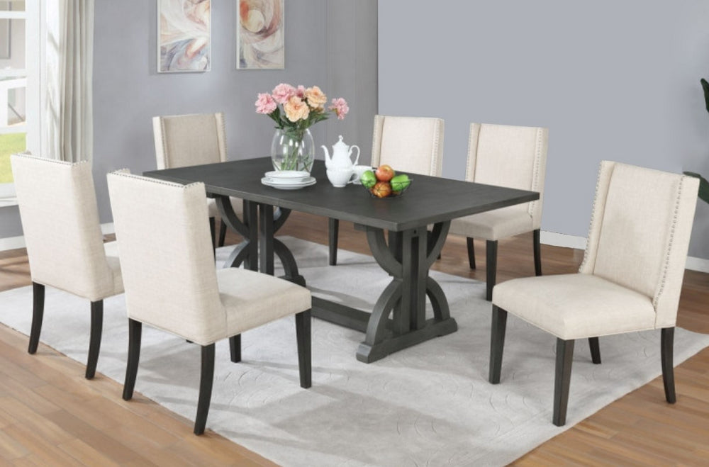 Mia 7-Pc Rustic Black Wood/Beige Linen Dining Table Set