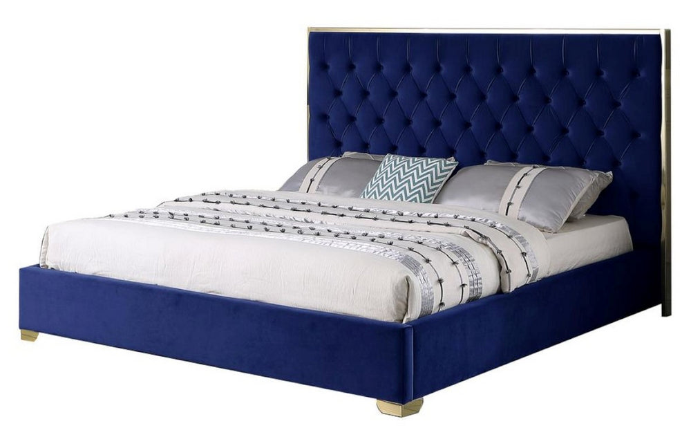 Natasha Blue Velour/Gold Metal King Bed (Oversized)