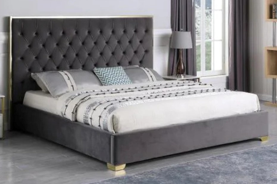 Natasha Dark Grey Velour/Gold Metal Queen Bed