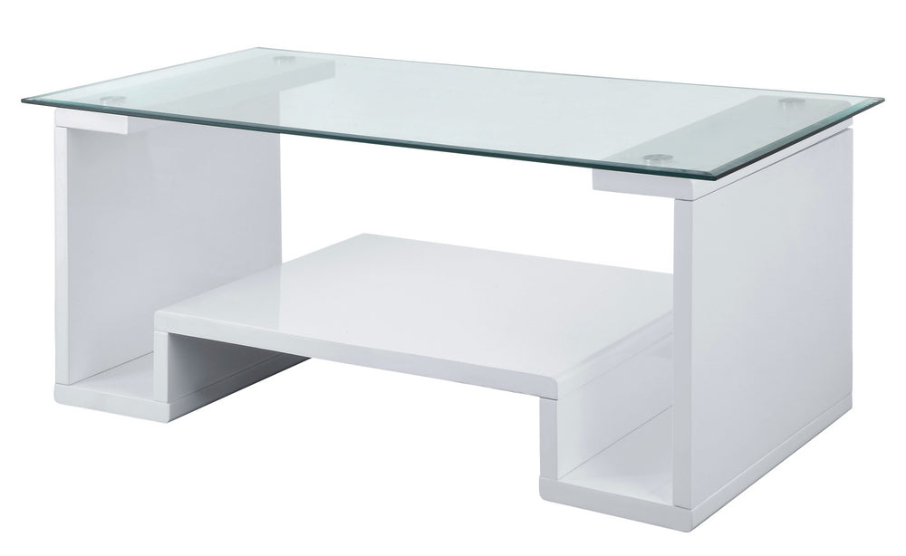 Nevaeh Clear Glass/White High Gloss Wood Coffee Table with Shelf