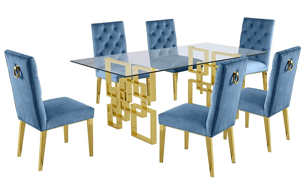 Nikola 7-Pc Gold/Teal Blue Dining Table Set