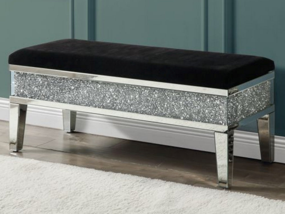 Noralie Black Upholstered/Mirrored Bench with Storage